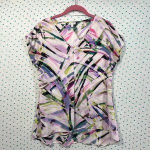 Spense White & Purple Abstract Striped Short Sleeve V-Neck Blouse